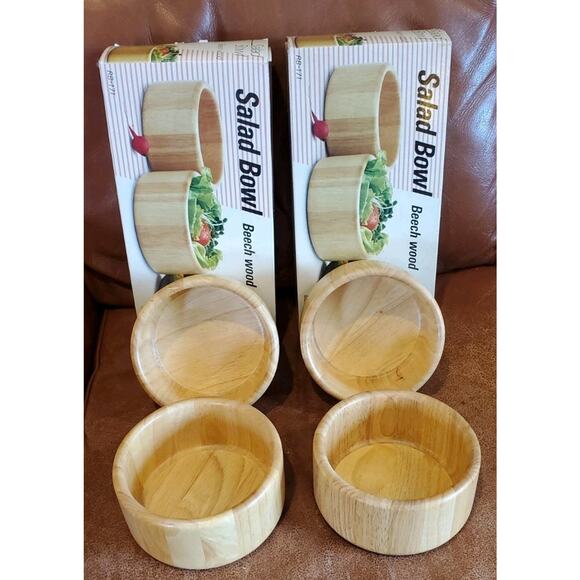 Vintage Thailand 6 Inch Beechwood Rubberwood Salad Bowls Original Boxes Stickers - Picture 1 of 16